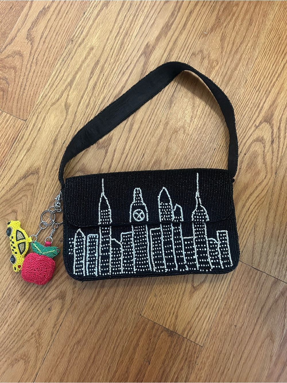NYC Black Beaded Cityscape Shoulder Bag